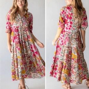 NATURAL LIFE Pink and Yellow Floral Midi Dress
